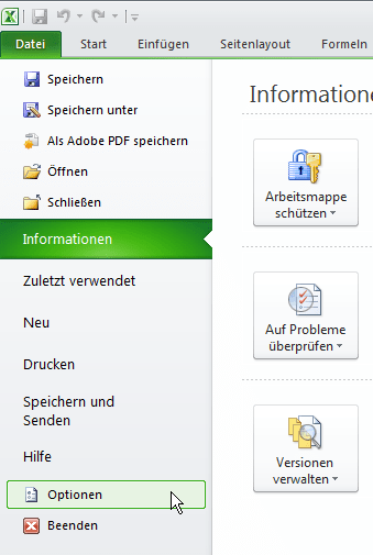 Die Optionen in Excel 2010 (Teil des Fensters)