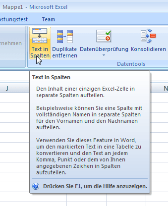 Text in Spalten, Schritt 1 (Version 2007 ff)