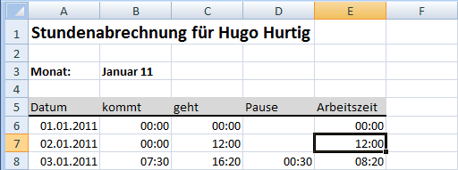 Die Berechnete Arbeitszeit im hh:mm - Formatierung