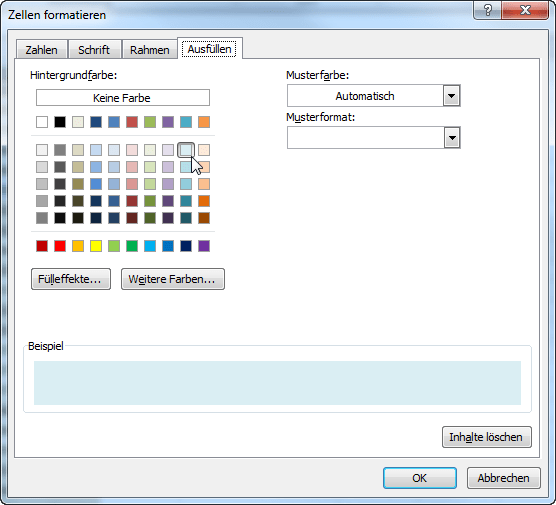 Auswahl der Farbe für den Zell-Hintergrund
