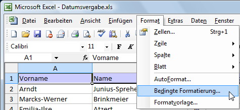 Bedingte Formatierung in Excel 2003